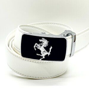 White Leather Ratchet Belt Automatic‎ Metal Square Buckle Adjustable Dress Belt